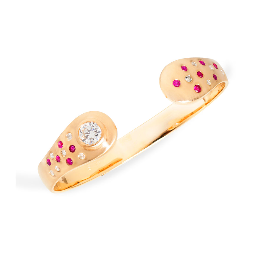 Ruby and Diamond 14k Gold Torque Bracelet Custom Designed Heirloom Jewelry by Susanne Siegel.